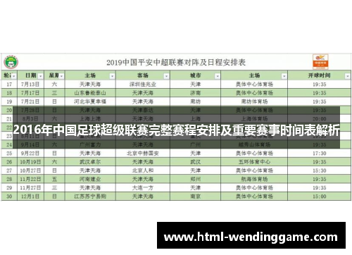 2016年中国足球超级联赛完整赛程安排及重要赛事时间表解析